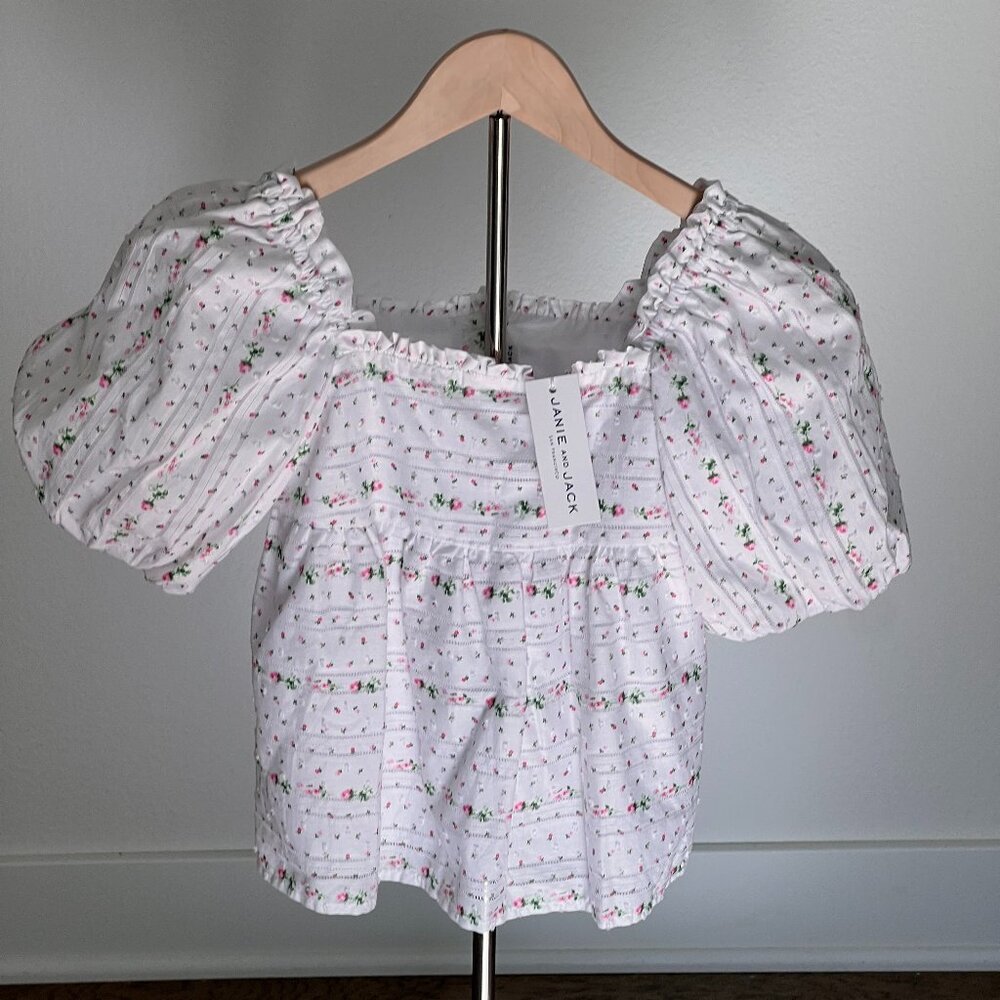 Janie and Jack White & Pink Mini Floral Puff Sleeve Blouse - NWT